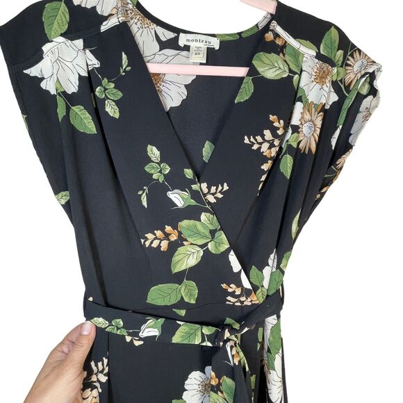 Monteau Black Floral‎ Wrap Front Tie Waist Women’s Floral Size XS Midi Dress - Picture 3 of 10